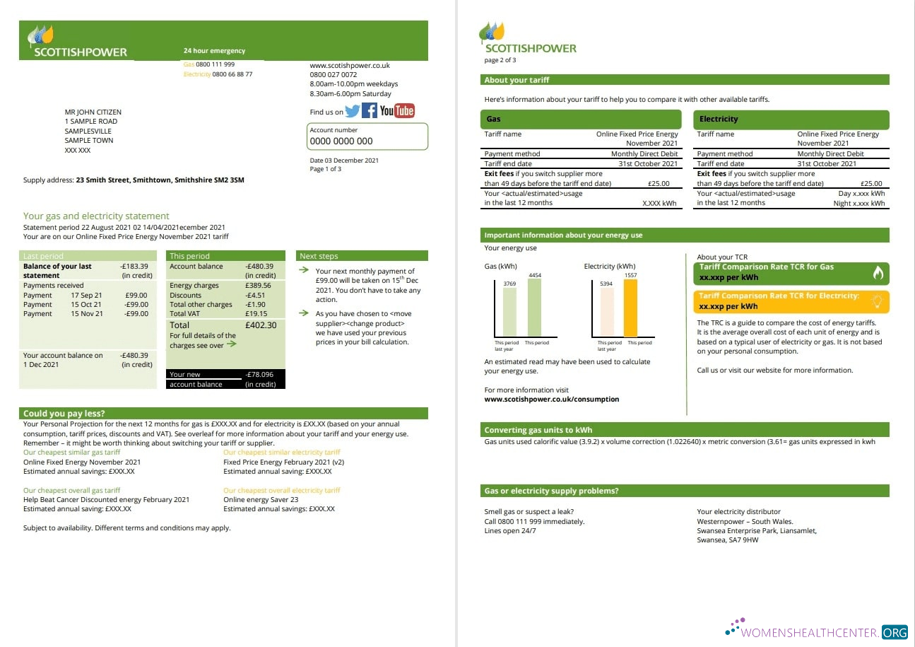 download USA ScottishPower utility bill template in Word and PDF format (3 pages) 1 2 PDF template
